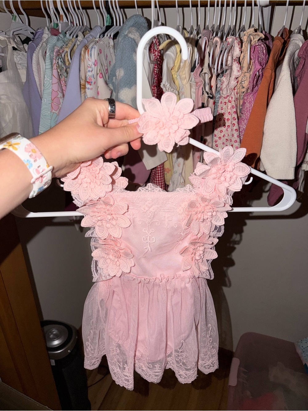SHEIN Pink Floral lace baby girl romper